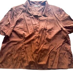 W CATO Button Up Short Sleeve Brown Floral w Shoulder Pads 26/28 W RN 37080